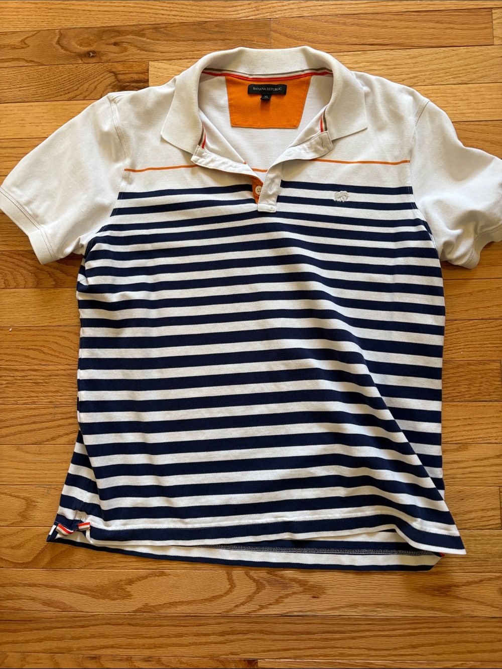 Banana Republic Navy & White Striped Polo with Orange Trim